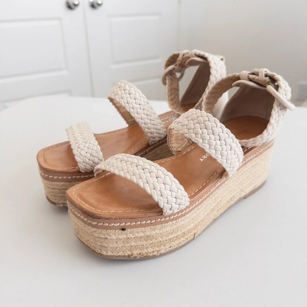 Chinese Laundry Womens Platform Espadrille Sandals 7.5 Cream Woven‎ Wedge Boho